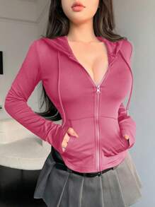 DAZY Felpa con cappuccio e coulisse, corta, da donna, con tasche e vita aderente, giacca con chiusura lampo e cappuccio - Fucsia - Visualizzare 5