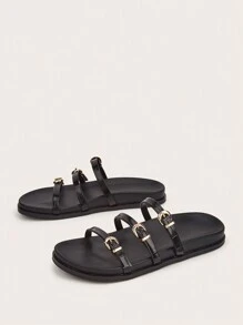 Casual Vacation Black Flat Sandals Slippers With Metallic Buckle Strap