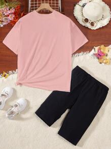 SHEIN Tween女生休閒T恤和緊身短褲2件套裝 - 粉色 - 查看 2
