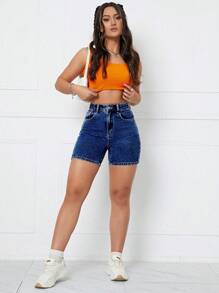 SHEIN Privé Baimu Simple And Versatile Spring/Summer Denim Shorts - Medium Wash - View 4