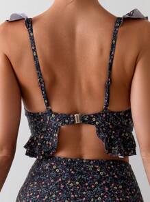 Swim Mod Summer Beach Vacation Allover Print Ditsy Print Ruffle Trim Spaghetti Strap Bikini Set
