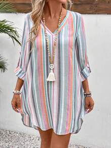 Breezaya Colorful Striped V-Neck Dress With Arc-Shaped Hemline For Spring And Summer Casual Wear Vacation Beach Outfits Women