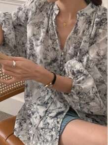DAZY 女士宽松纹理图案薄纱衬衫，秋季服装度假装扮，女士花卉图案 - 彩色 - 查看 7