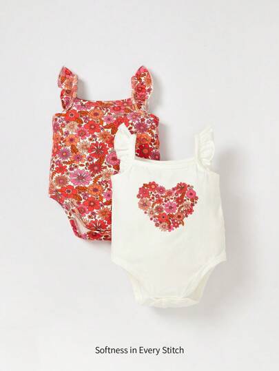 SHEIN 女婴童2入組心和印花荷葉邊連體衣