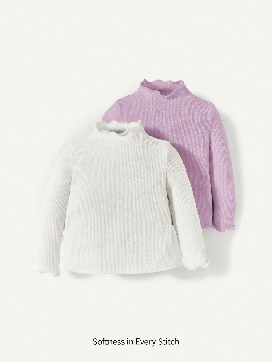 Cozy Pixies Baby Girl 2pcs Solid Lettuce Trim Mock Neck Tee - Multicolor - View 1