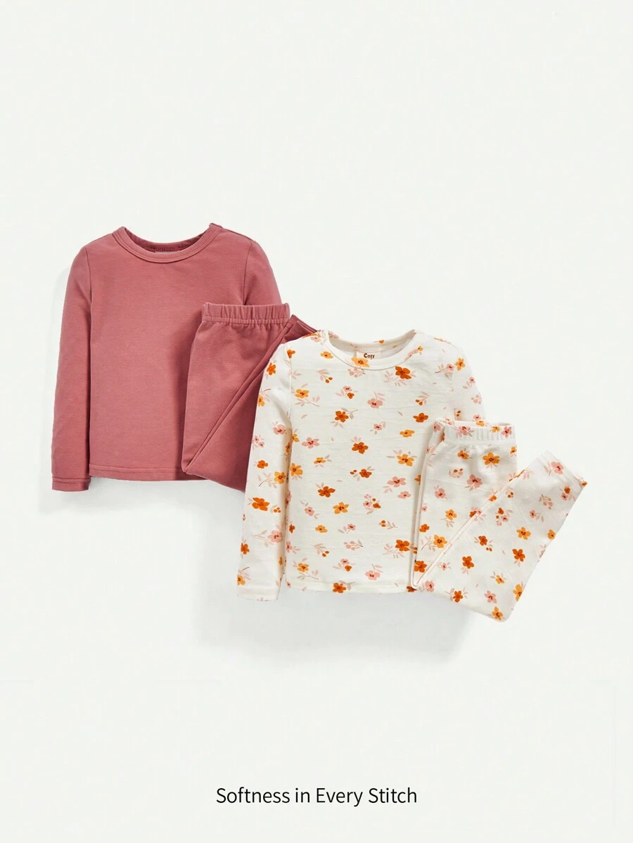 Cozy Pixies Baby Girl Snug Fit 4pcs Pajama Set, Including Floral Patterned Round Collar Top And Pants - Apricot - View 1