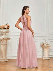 SHEIN Belle Vestido de brillante y elegante tela elástica con un diseño de cuello halter, pliegues y abertura alta, con una tira en la espalda y corte en forma de gota de agua, perfecto para dama de honor (Adulto)