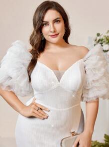 SHEIN Belle Plus Size Sparkling Fabric Short Elegant Cocktail Dress With Oversized 3D Flower Design - White - View 6