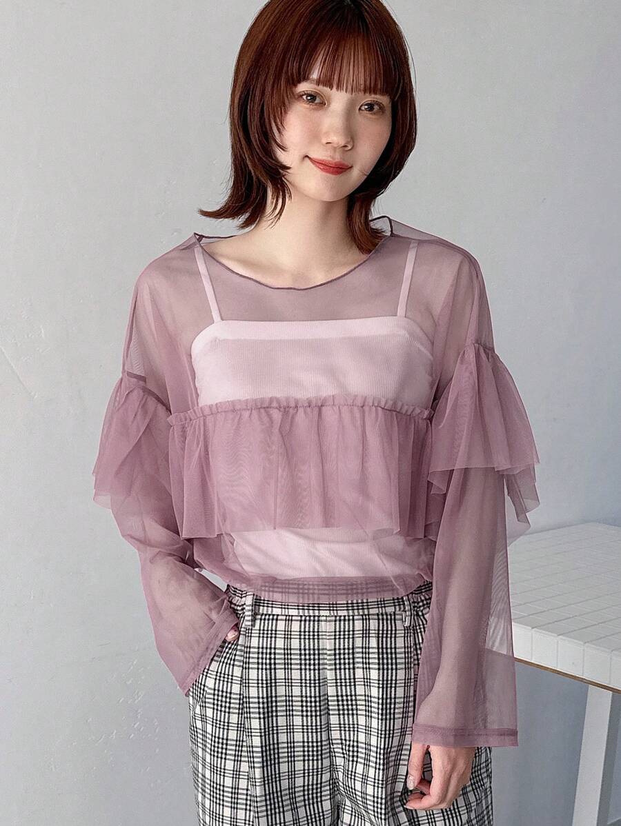 FRIFUL Women Casual Daily Wear Long Sleeve Top With Ruffled Hem Sheer,Fall Women Clothes