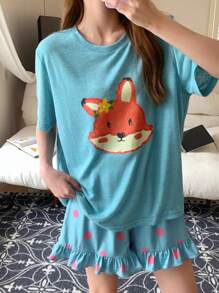 DAZY Cute Cartoon Printed Top With Polka Dot Ruffled Shorts Sleepwear Set - Blue - View 6