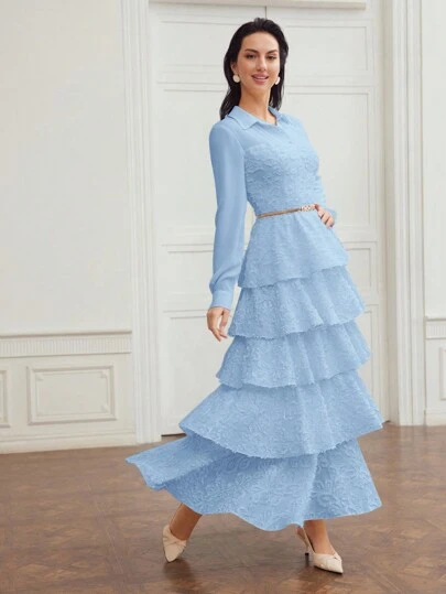 MOTF PREMIUM SOLID FUZZY JACQUARD LAYERED RUFFLE HEM DRESS