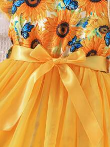 SHEIN Glamorique Kids 年轻女孩度假优雅花卉系腰荷叶边袖连衣裙，适合派对，夏季 - 黃色 - 查看 6