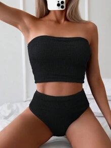 Swim Basics 夏季海滩女士纯色褶皱抹胸上衣和泳裤简约时尚比基尼泳装套装 - 黑色 - 查看 3