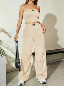 Flirla 女款夏季寬鬆休閒2件套裝：短款letter印花背心上衣和寬腳打褶褲 - 杏色 - 查看 6