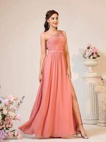 SHEIN Belle Vestido elegante y romántico para mujer con tela suave y amigable con la piel de gasa de encaje delicado color rosa camarón. Cuenta con un solo hombro y una banda en la cintura con hebilla decorativa. Estilo de vestido de corte 'A' con pliegues en la cintura y una abertura alta en la falda. Perfecto para damas de honor. - Naranja - Ver 4
