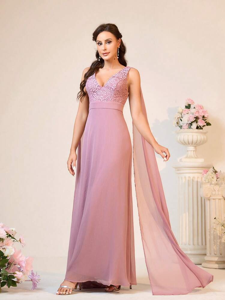 Women Romantic And Elegant Pink Purple Lace Fabric Spliced With Chiffon Fabric, Deep V-Neck, A-Line Sleeves, Ethereal Long Sleeves, Flowy Drapes, V-Shaped Back With Sequins, Bridesmaid Dress