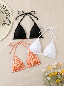 SHEIN Swim Halter Back Tie Summer Beach Bikini Top With Random Print - Multicolor - View 1