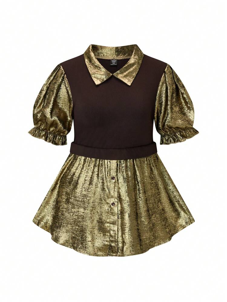 Plus Size Patchwork Turn-Down Collar Puff Sleeve Top For Daily Wear In Spring And Summer