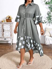 SHEIN Clasi Plus Size Spring Summer Casual Polka Dot Printed Patchwork Ruffle Hem Shirt Dress - Multicolor - View 3