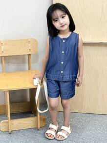 Young Girl Casual Denim Shorts And Vest Set For Summer