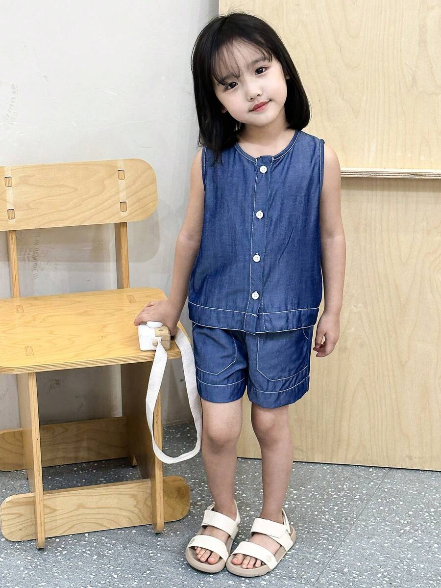 Young Girl Casual Denim Shorts And Vest Set For Summer