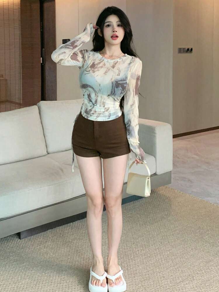 Women Tie-Dye Printed Side Drawstring Slim Fit Casual T-Shirt Sheer Long Sleeve Women Tops