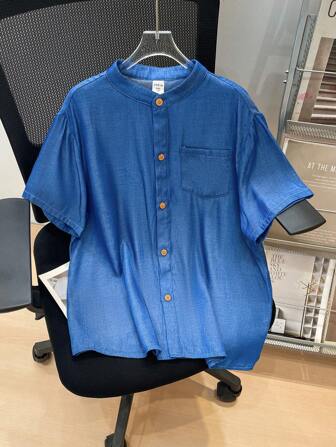 SHEIN Tween Boys Extended Size Casual Denim Effect Short Sleeve Woven Shirt With Collar And Button Placket