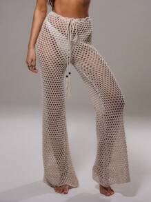 Musera Resort Beach Crochet Knit Beaded Low Rise Flare Trousers Summer Beach ResortHoliday - Apricot - View 2