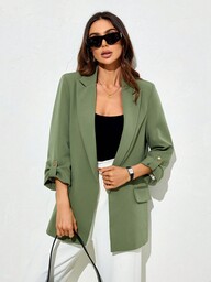 Spring Casual Solid Color Turn-Down Collar Roll-Up Sleeve Blazer Jacket