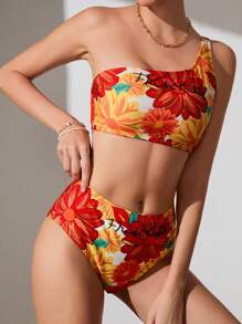 Frida Kahlo X SHEIN Women Knitted Floral One Shoulder Bikini Set, Summer - Multicolor - View 6