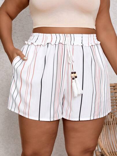 SHEIN VCAY Plus Size Boho Vacation Summer White Striped And Floral Print Pocket Beach Casual Shorts