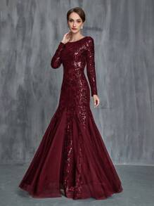 Women's Mermaid Hem Contrast Mesh Sequin Formal Dress - Burgundy - View 4