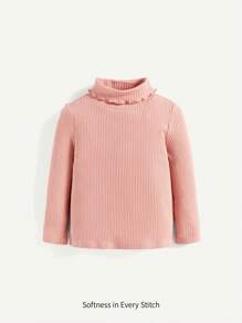 Cozy Pixies Baby Girl Turtleneck Lettuce Trim Ribbed Knit Tee - Pink - View 1