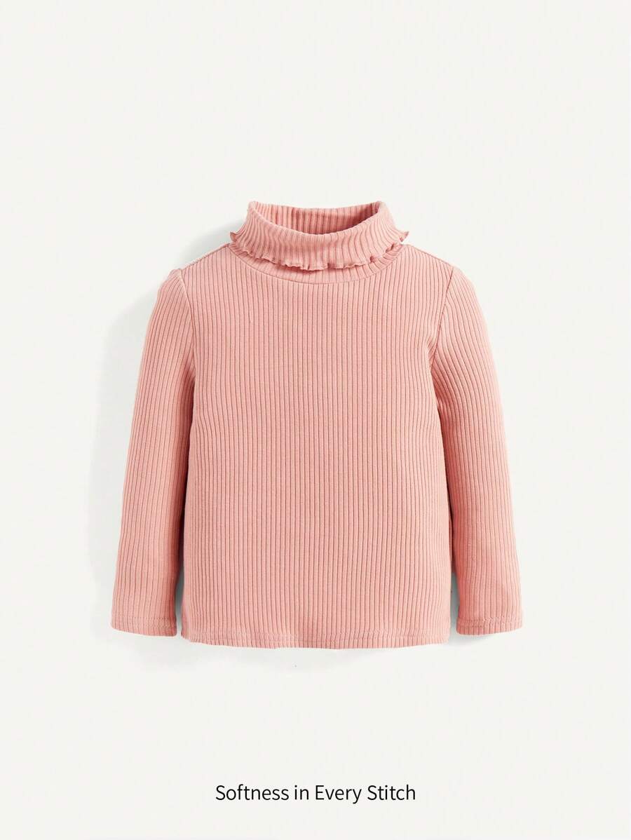 Cozy Pixies Baby Girl Turtleneck Lettuce Trim Ribbed Knit Tee - Pink - View 1