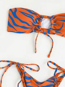 Swim Vcay Conjunto de bikini estilo vacacional con estampado completo y cordón, sin tirantes, para playa de verano - Multicolor - Ver 4