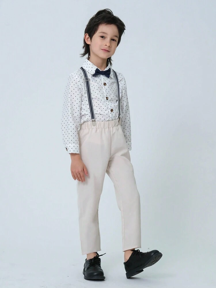 ポリドットプリント長袖シャツ、ベージュのカジュアルウーブンパンツ。この紳士セットは、誕生日会、イブニングパーティー、発表会、結婚式、一か月お祝い、洗礼式、1歳の誕生日会などに適しています。