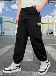 2pcs/Set Teen Boy Casual Workwear Woven Pants - Black - View 1
