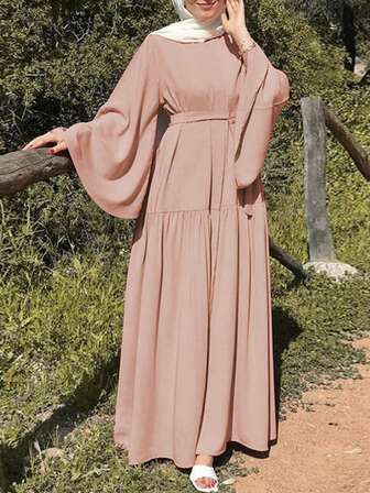 女士圆领喇叭袖纯色荷叶边下摆长款阿巴雅，端庄大方