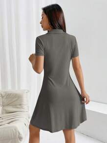 SHEIN EZwear Casual Solid Color Ribbed Knit Short Sleeve Dress For Spring And Summer - Dark Grey - View 2