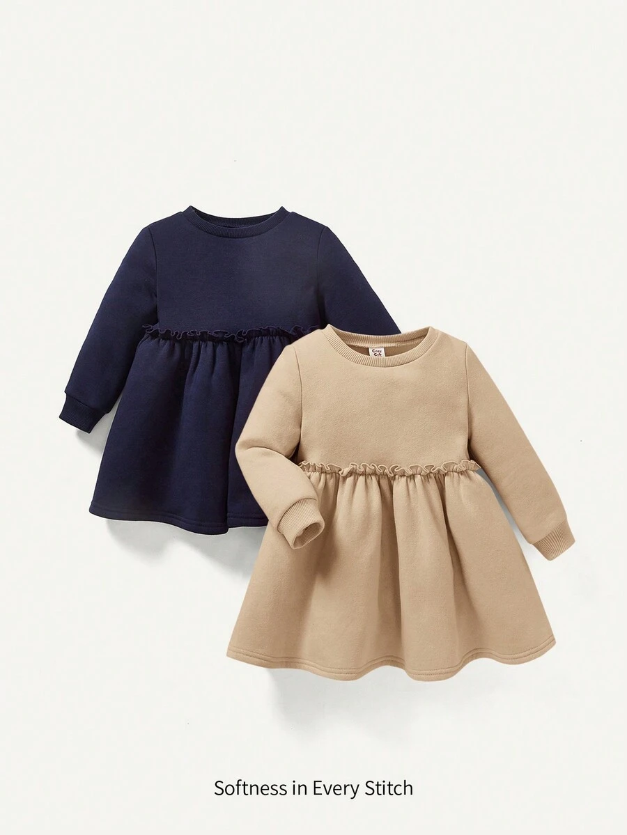 Cozy Pixies Baby Girl Round Neck Elastic Waist Ruffle Hem Dress Lightweight Two-Piece - Khaki - View 1