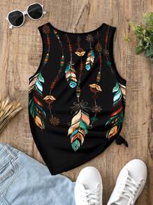 EMERY ROSE Feather Print Summer Matching Women Camisole Top - Black - View 7