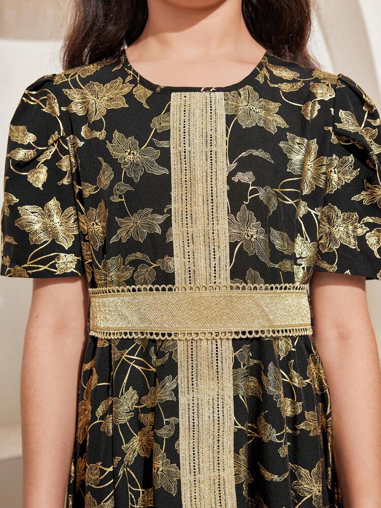 Tween Girl Metallic Gold Floral Pattern Belted Dress
