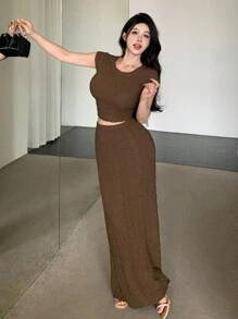DAZY Conjunto de top corto y falda de verano elegante con textura de moda para mujer, conjunto de dos piezas para mujer