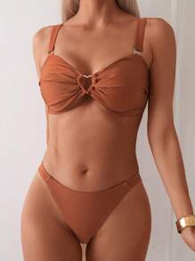 SHEIN Swim 纯色两件套比基尼套装 适合夏季海滩 - 棕色 - 查看 1