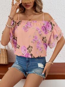 SHEIN VCAY Women Fashionable Off-Shoulder Printed Loose Shirt - Orange - View 4