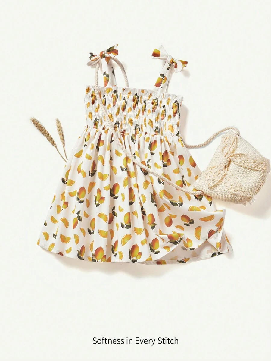 Cozy Pixies Baby Girl Lemon Print Decor Bowknot Straps Waist Cinched Dress - Yellow - View 1