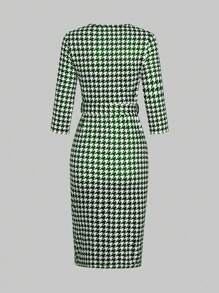 Lunelith SHEIN Lunessa Elegant Bodycon Dress With Belt And Chic Houndstooth Print, Spring And Autumn Style - Multicolor - View 2