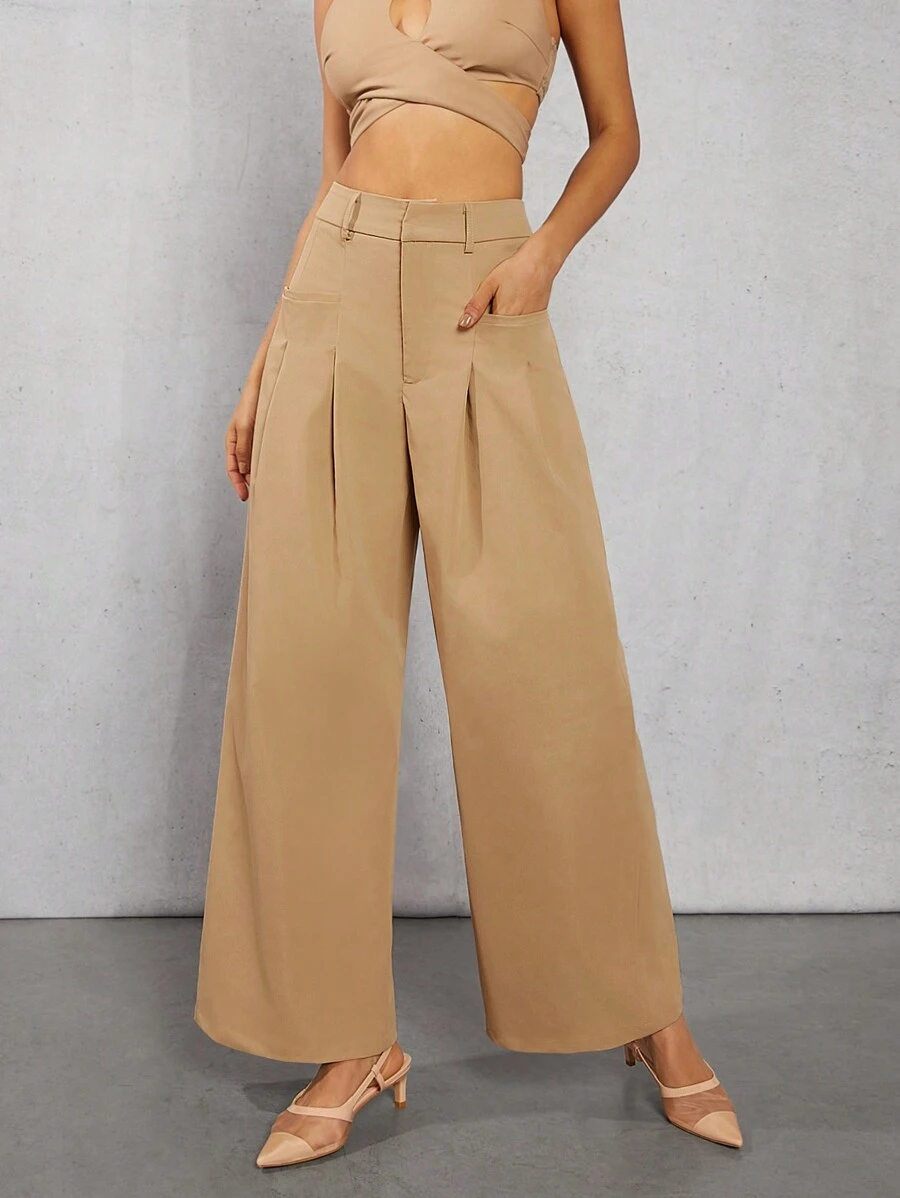 Hauture Pantalones anchos de mujer con fruncidos - Caqui - Ver 1