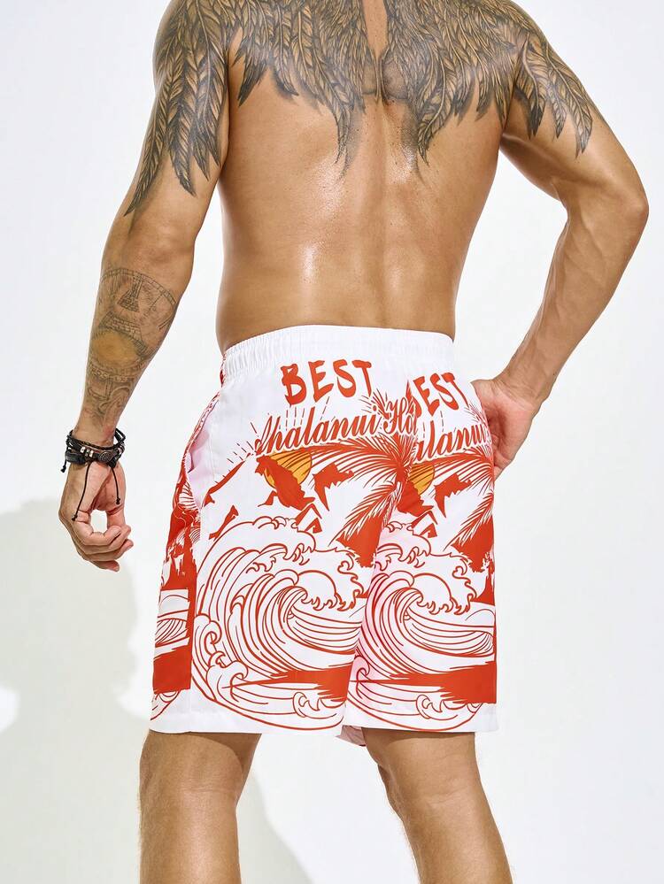 Men Coconut Tree & Sea Waves Print Vacation Casual Beach Shorts