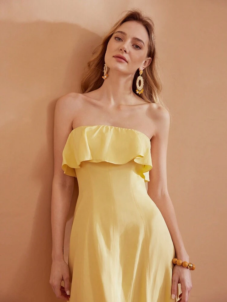 SOLID RUFFLE TRIM FLARE HEM TUBE DRESS